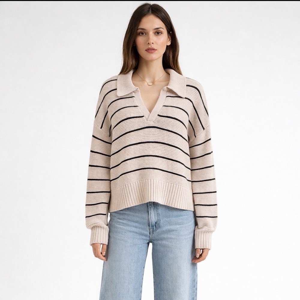 Pistola Arlo Dove Striped Polo Sweater Tan Large Coastal Preppy Poet Nautical